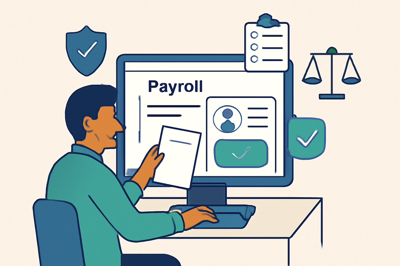Business owner uploading documents and completing verification on a payroll platform dashboard, with compliance icons.