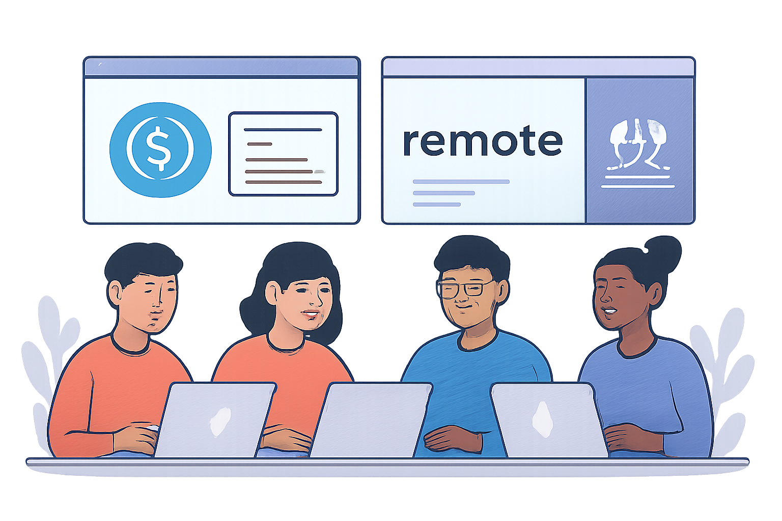 A tech startup team comparing USDC payroll platforms like Remote and Bitwage on laptops, with logos and digital interfaces visible.