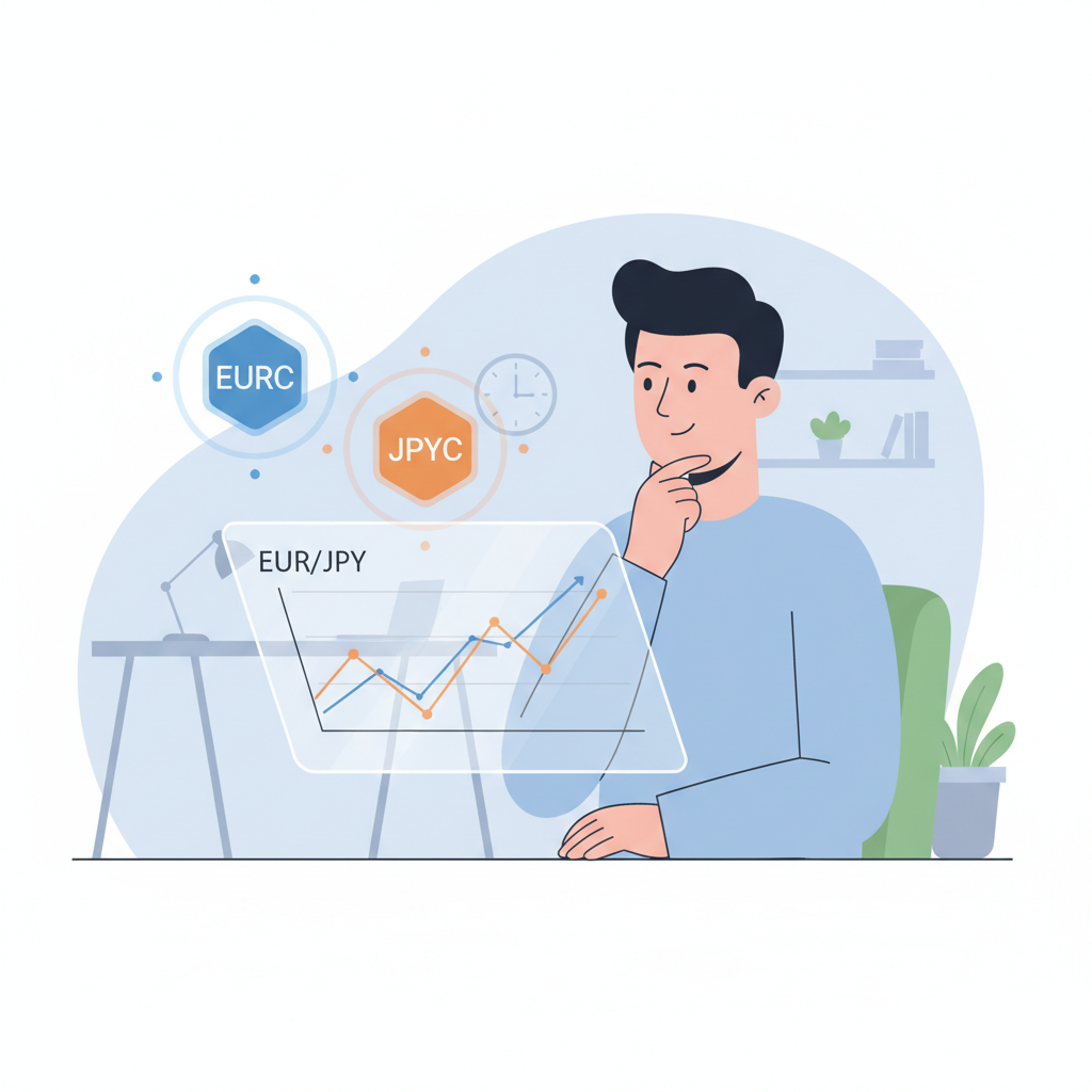 exporter analyzing euro-yen charts, stablecoin icons EURC JPYC glowing, professional office, insightful mood