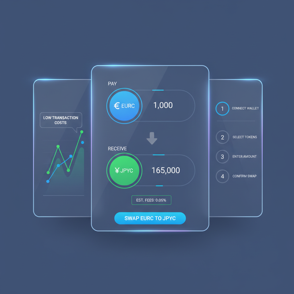 DEX trading interface swapping EURC to JPYC, charts showing low fees, futuristic UI