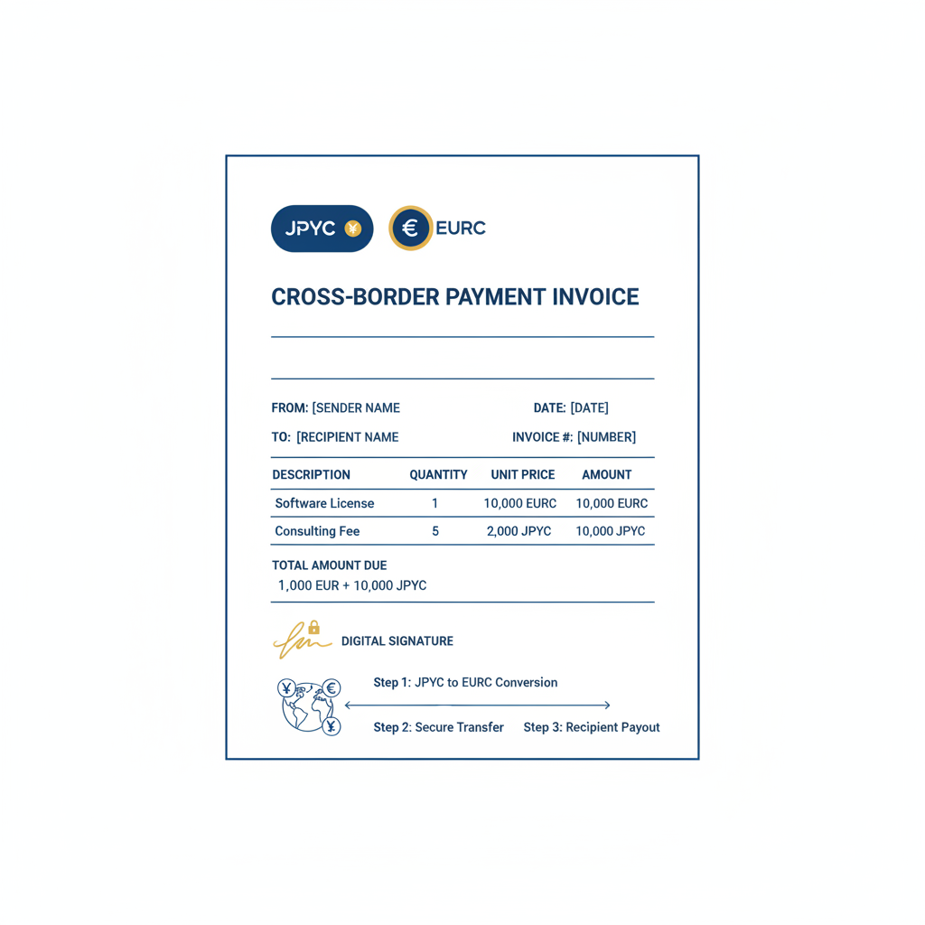 invoice document with JPYC EURC logos, digital signature, cross-border payment theme