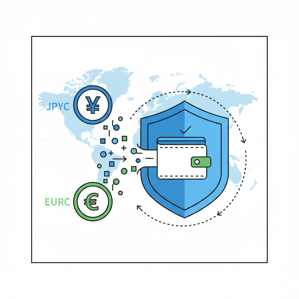 stablecoins JPYC EURC flowing into digital wallet, security shield, cross-border map background