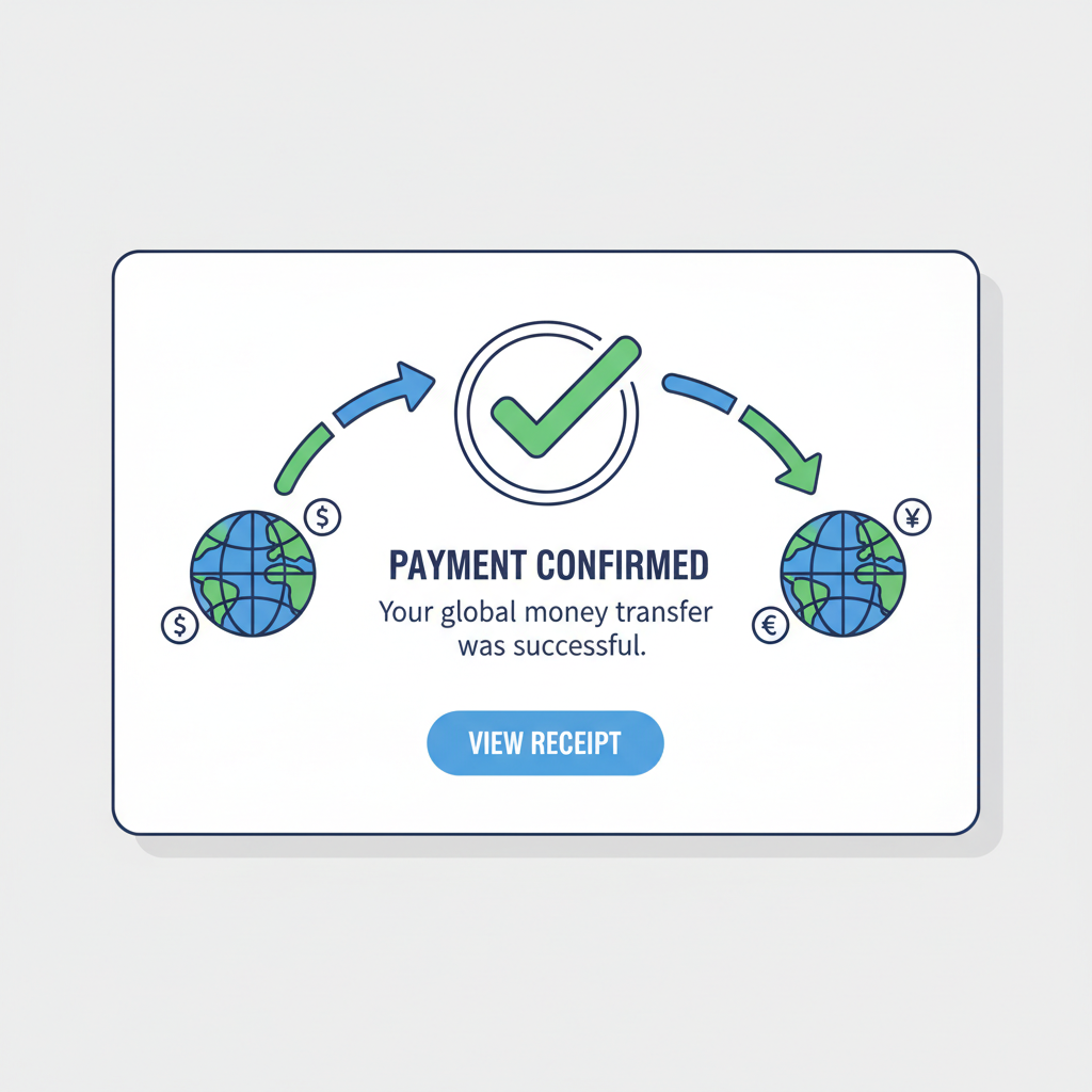 instant payment confirmation screen, global money transfer arrows, success checkmark