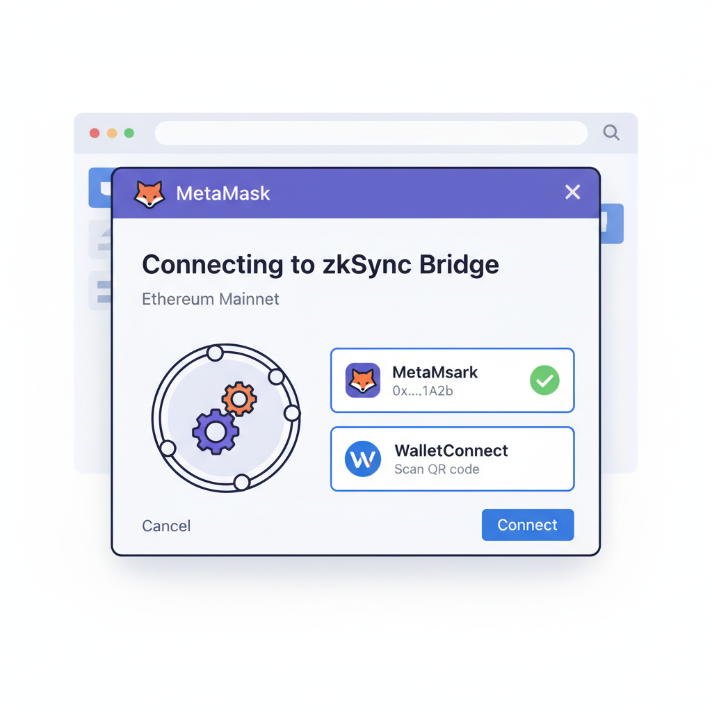 MetaMask popup connecting to zkSync bridge on Ethereum network, wallet selection screen, secure connection illustration