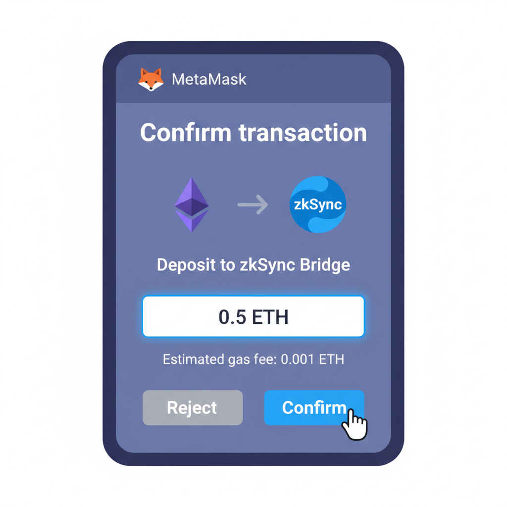 MetaMask transaction approval screen for ETH deposit to zkSync bridge, input amount field, confirm button highlighted