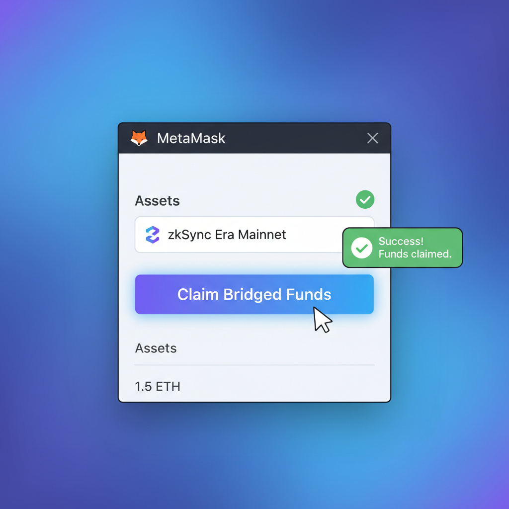 MetaMask network switch to zkSync Era, bridge claim button active, success notification