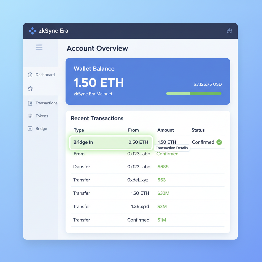 zkSync Era explorer page showing wallet balance after bridging, transaction details highlighted, clean blockchain interface