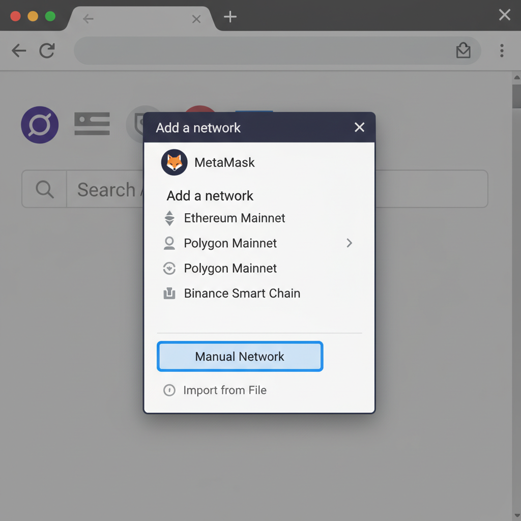 MetaMask add network menu open, manual option highlighted, simple browser extension view