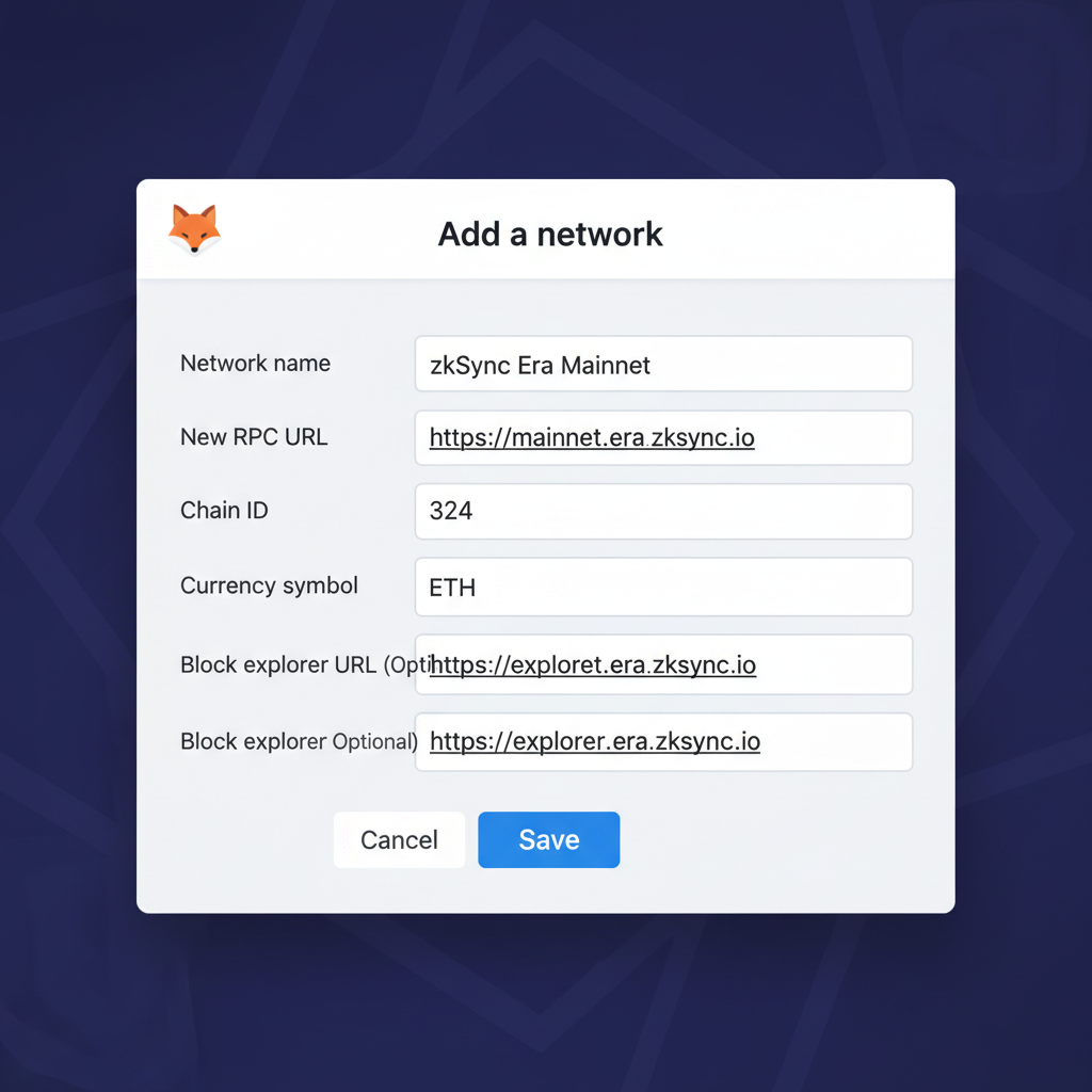 MetaMask add network form filled with zkSync details