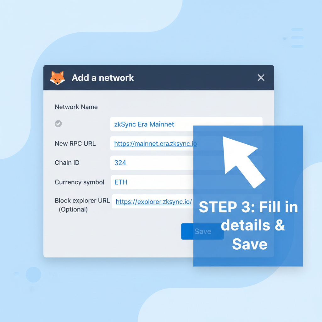 MetaMask add network form filled with zkSync Era details, fields visible, instructional overlay