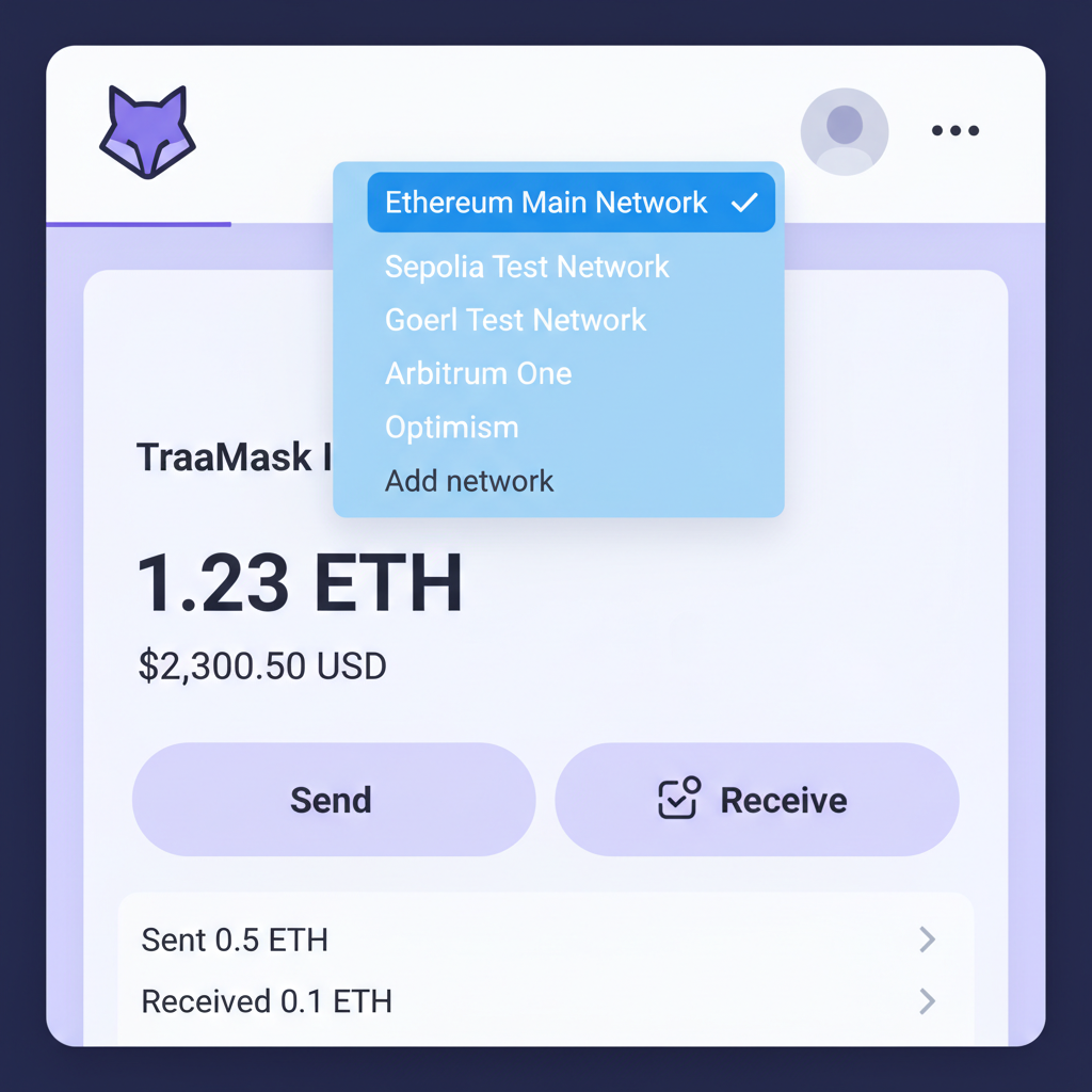 MetaMask wallet interface, network dropdown menu open at top, clean UI screenshot style