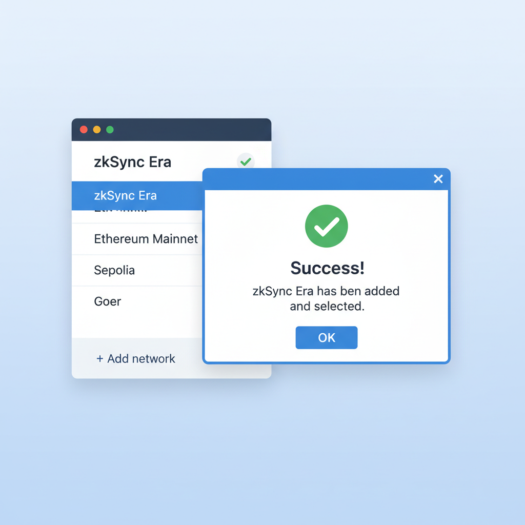 MetaMask network list with zkSync Era added and selected, success confirmation popup