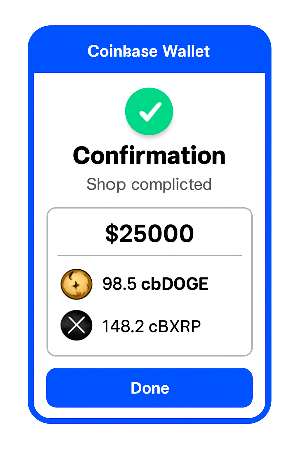 A confirmation screen on Coinbase Wallet with a completed swap notification and cbDOGE/cbXRP tokens visible in the wallet balance.
