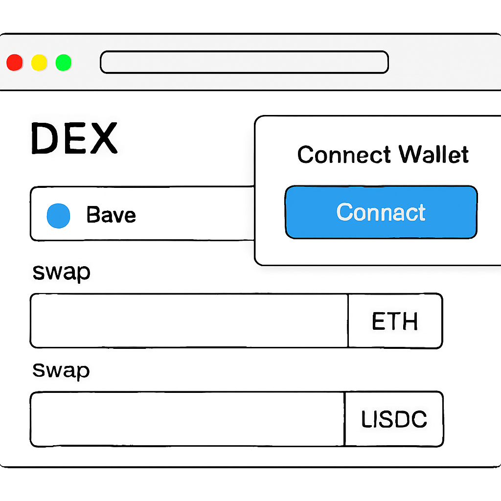 A web browser with a DEX interface open, showing a wallet connection prompt and the Base network selected.