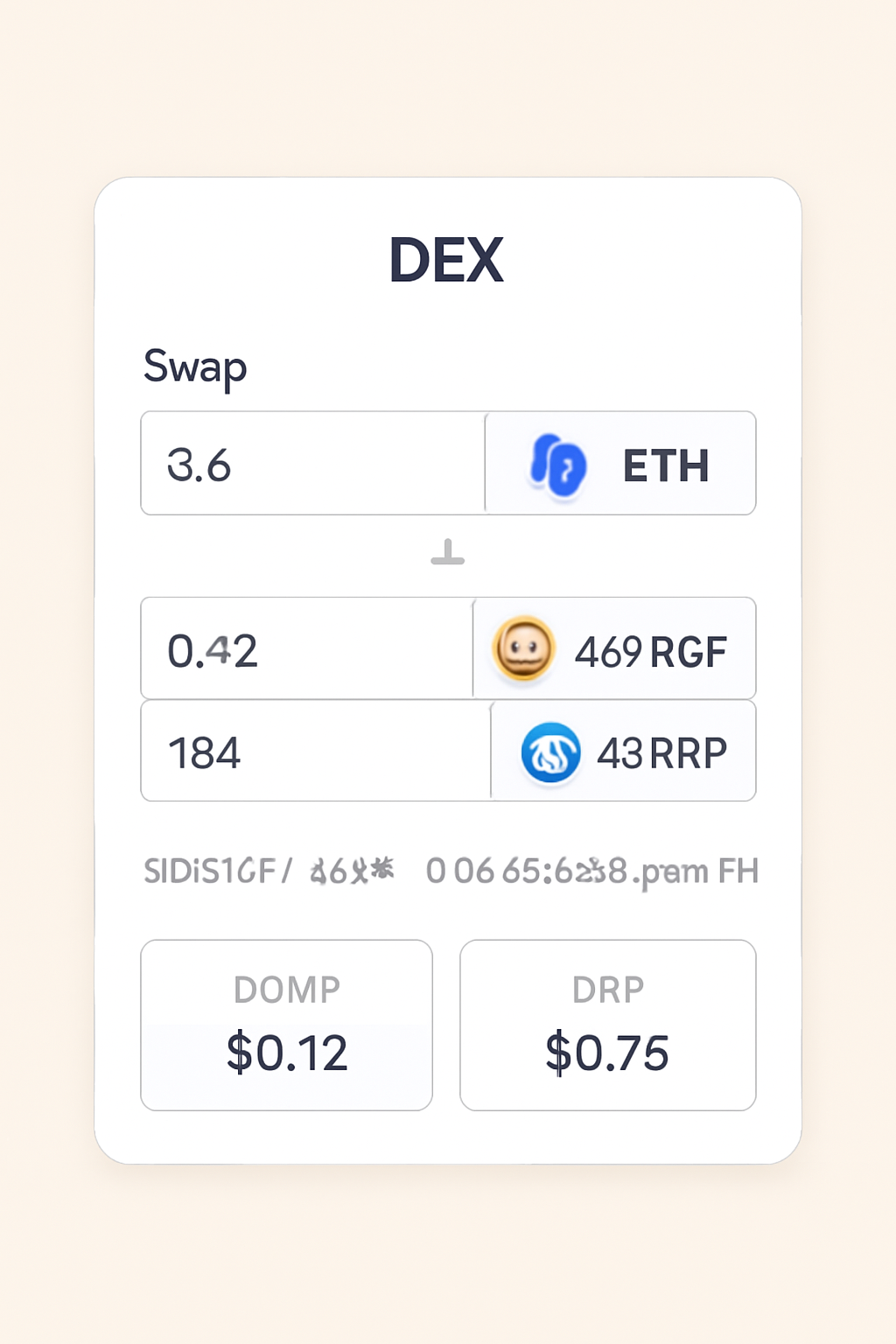 DEX interface showing ETH amount entered, with a summary of how much cbDOGE or cbXRP will be received, and a price chart or ticker showing latest DOGE and XRP prices.