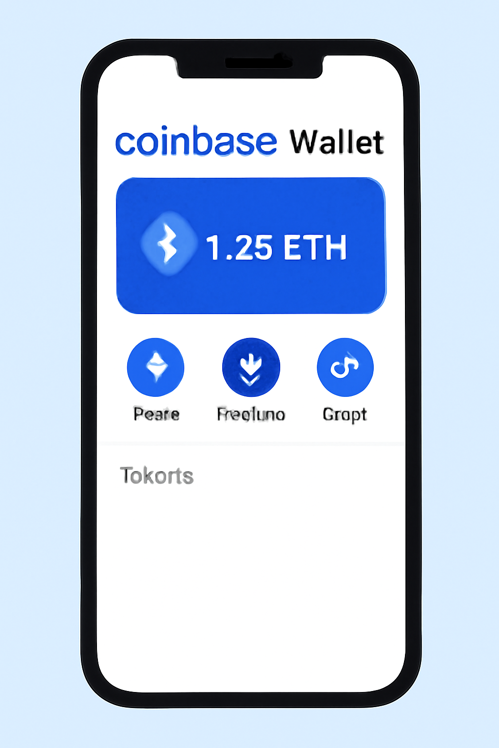 A smartphone screen showing the Coinbase Wallet app with Ethereum (ETH) balance displayed, ready for use.