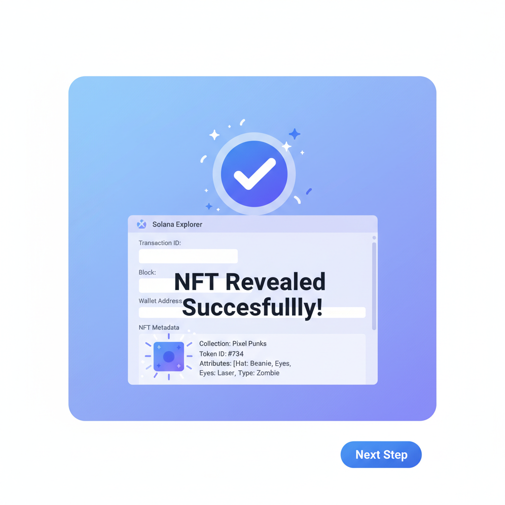 success screen with Solana explorer, NFT metadata revealing sparkles