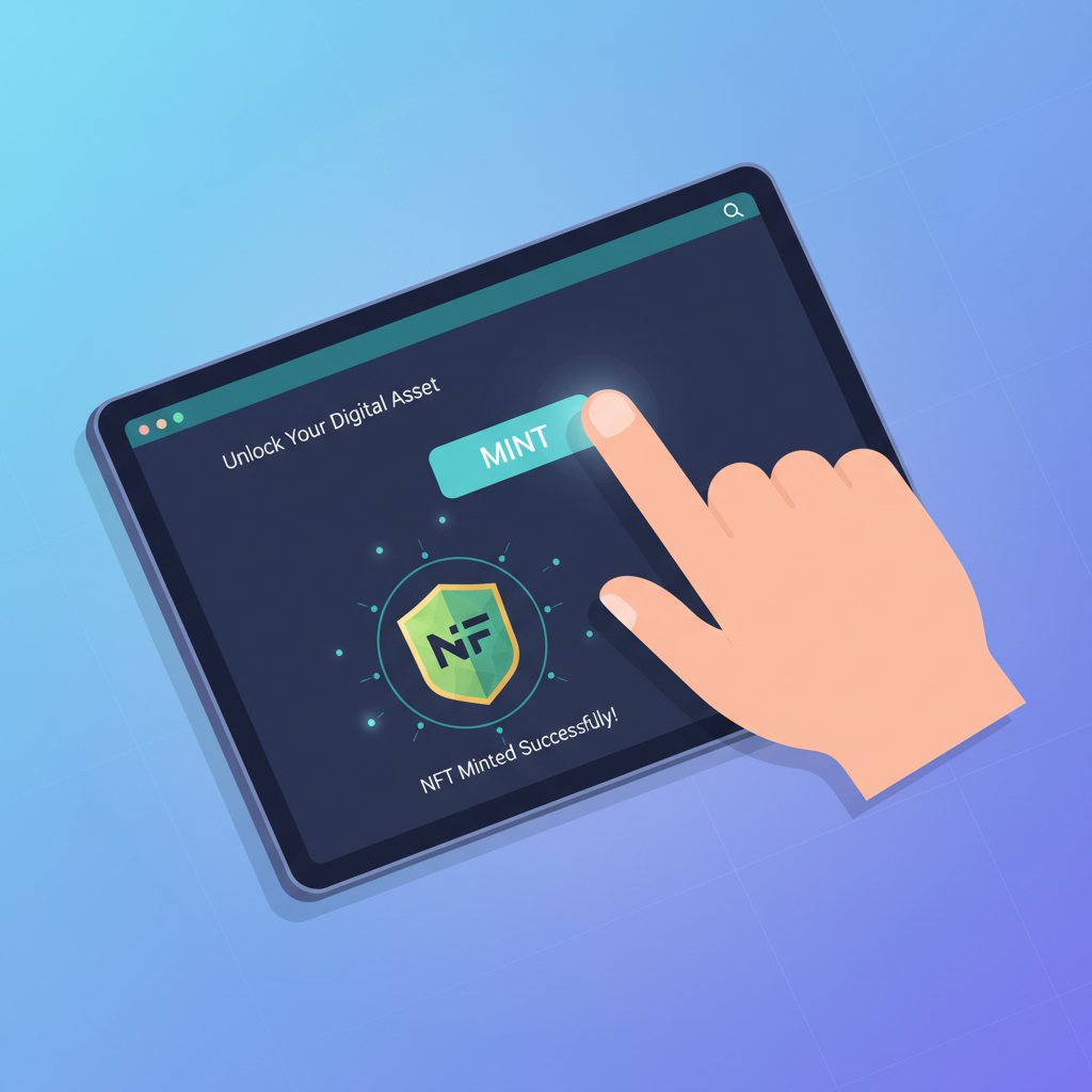 user clicking mint button on sleek website, NFT badge emerging