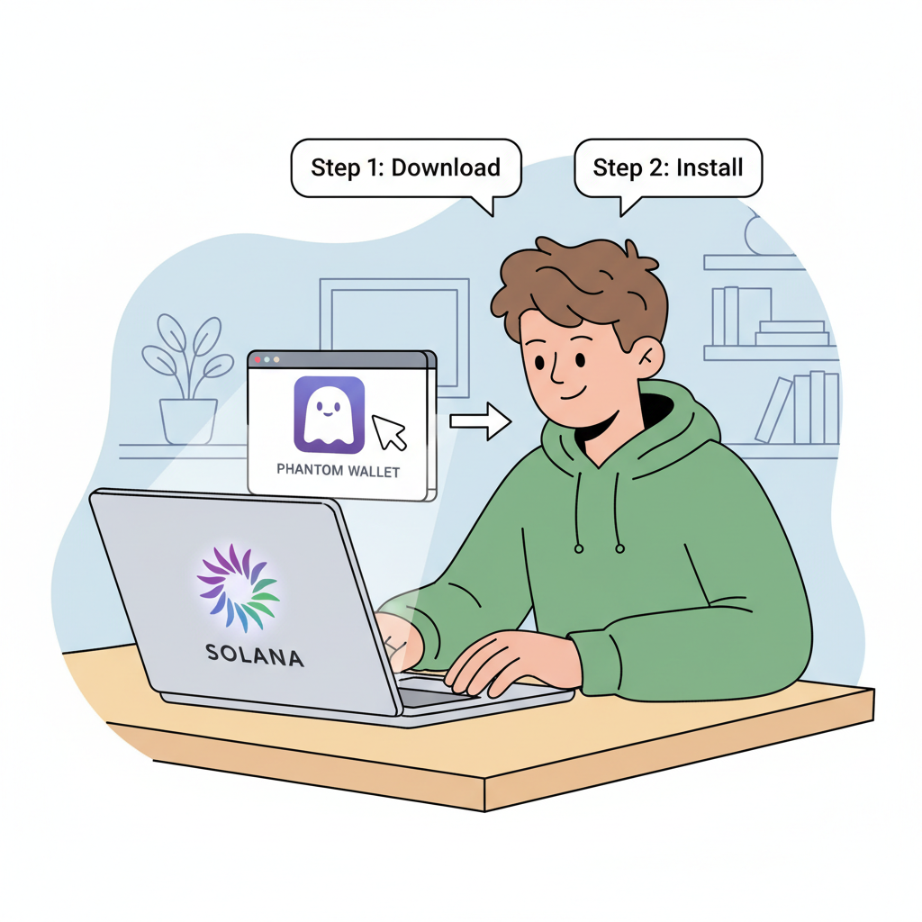 friendly cartoon of user installing Phantom wallet on laptop with Solana logo glowing