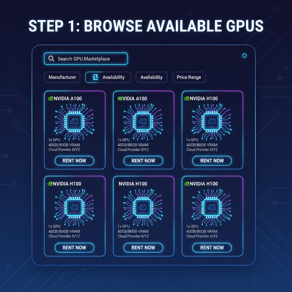 GPU marketplace browser with A100 H100 cards listed, grid layout, neon highlights