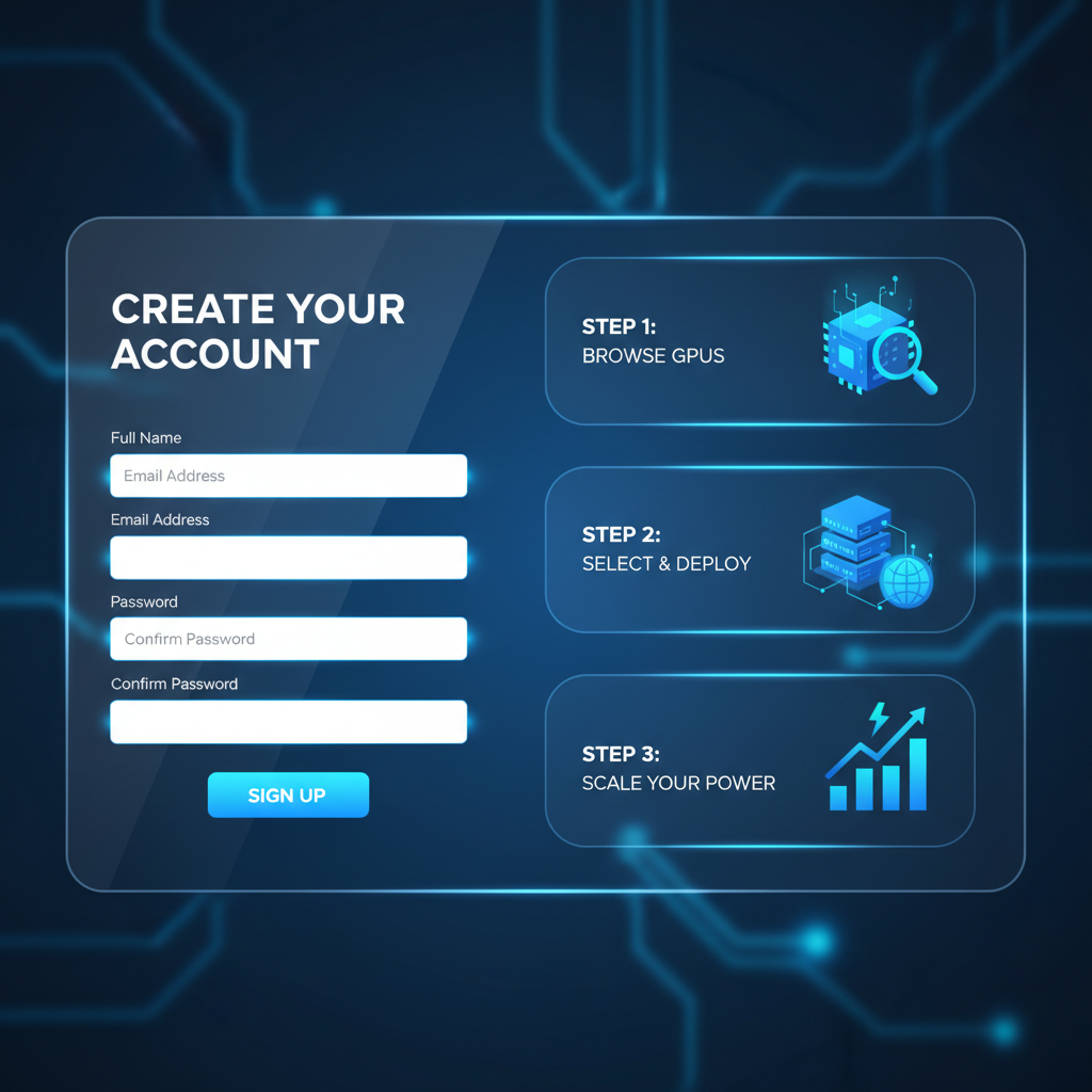 sleek dashboard signup interface for GPU marketplace, futuristic blue tones, professional UI