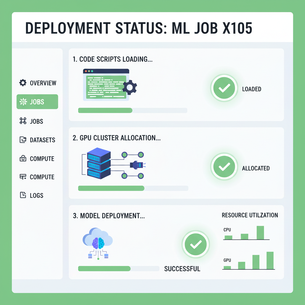 deploying ML job on GPU cluster dashboard, code scripts loading, green success indicators