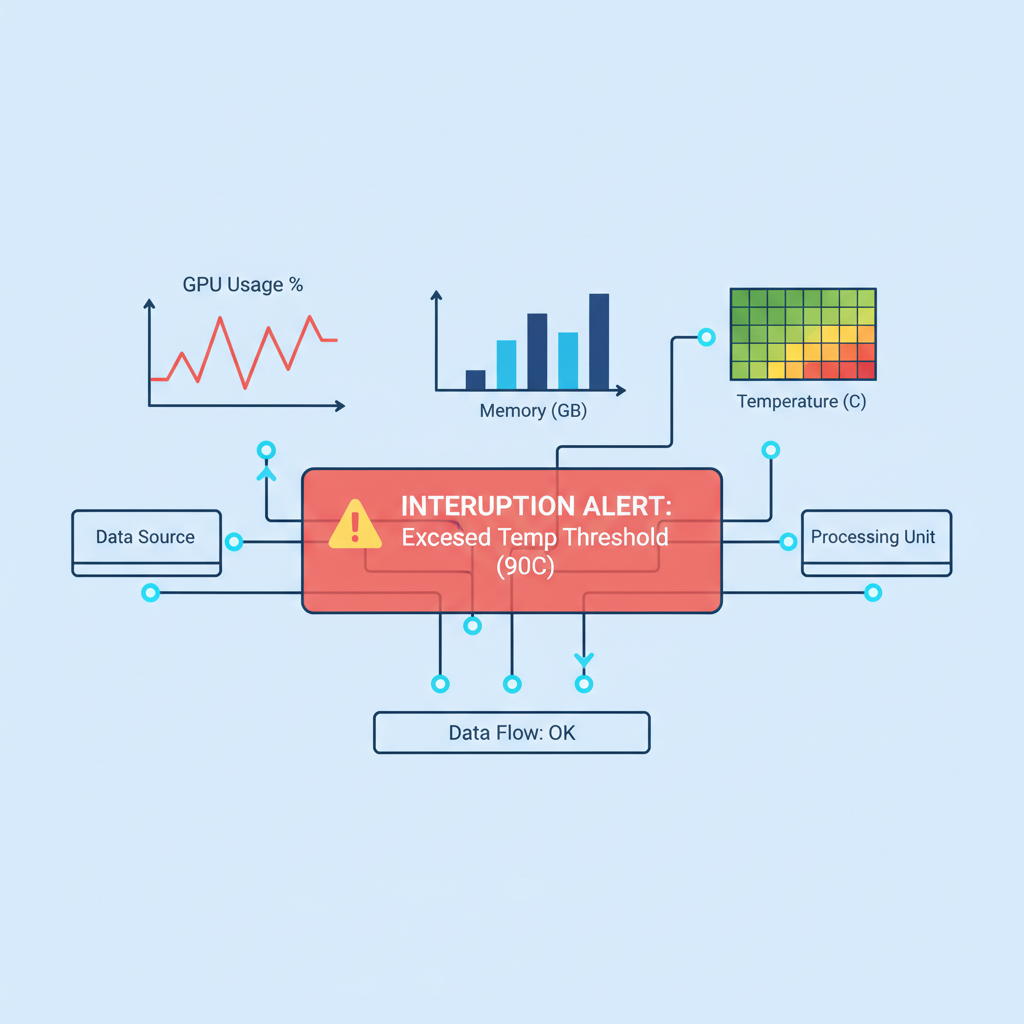 monitoring dashboard with GPU metrics graphs, interruption alert popup, data flow visualization
