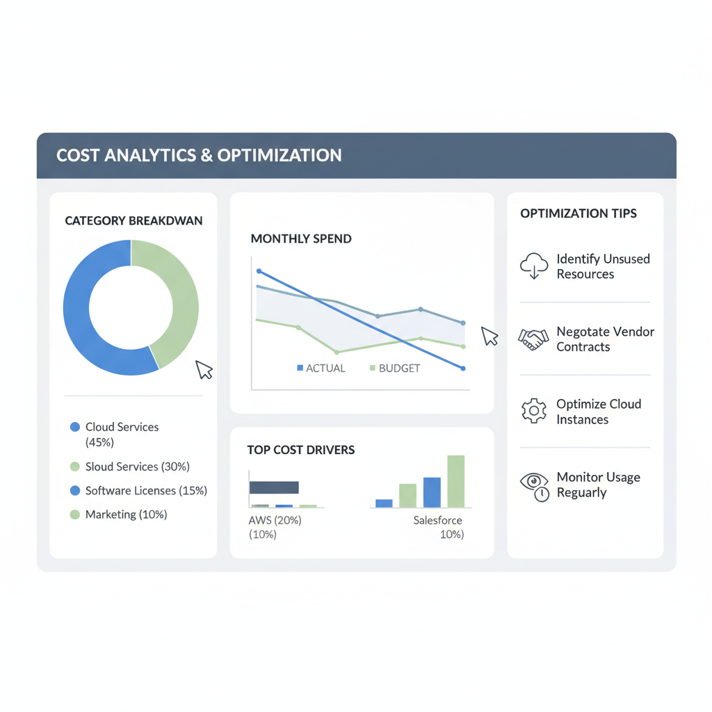 analytics dashboard with cost charts and optimization tips, clean professional design