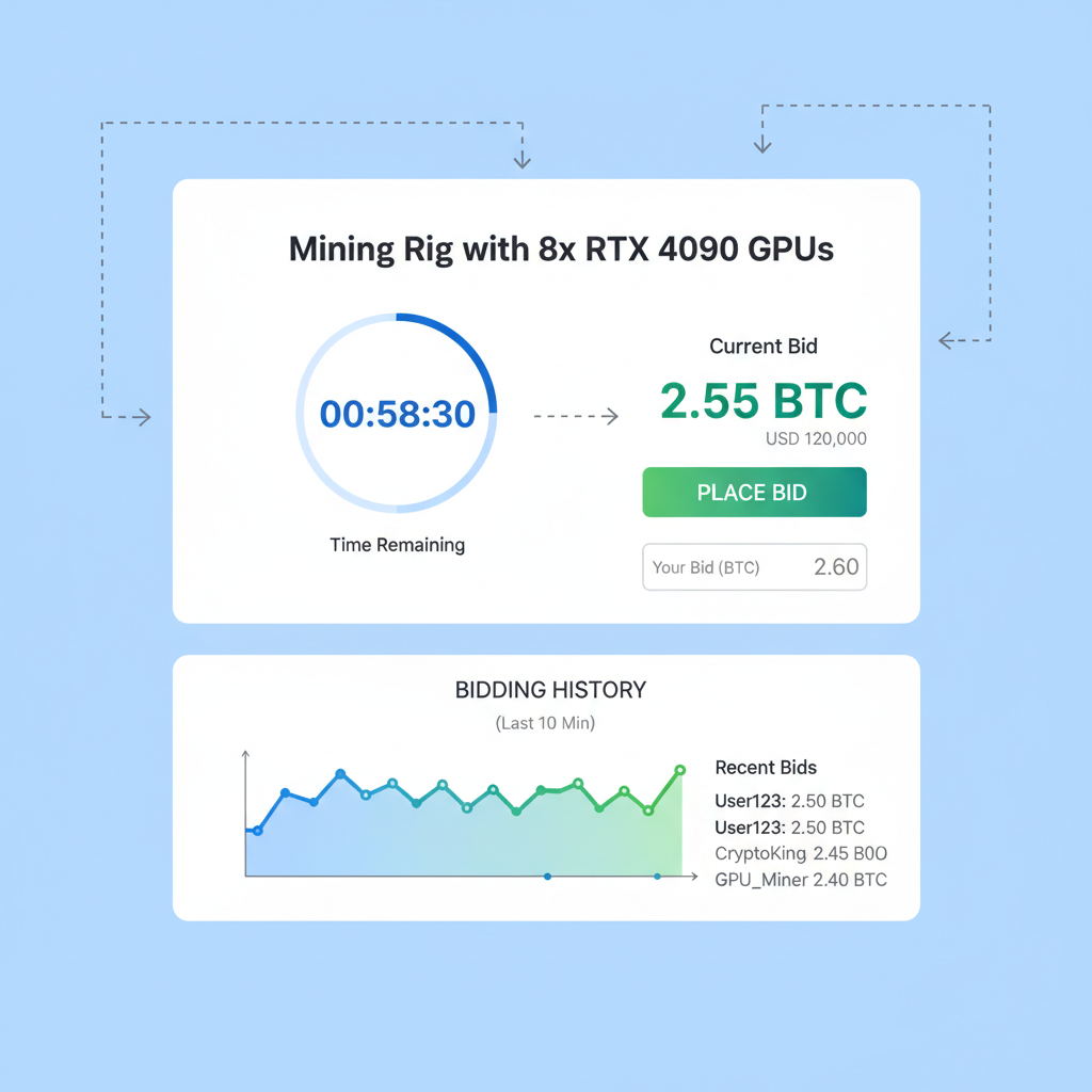 bidding interface on crypto GPU market, auction timer, dynamic bids graph