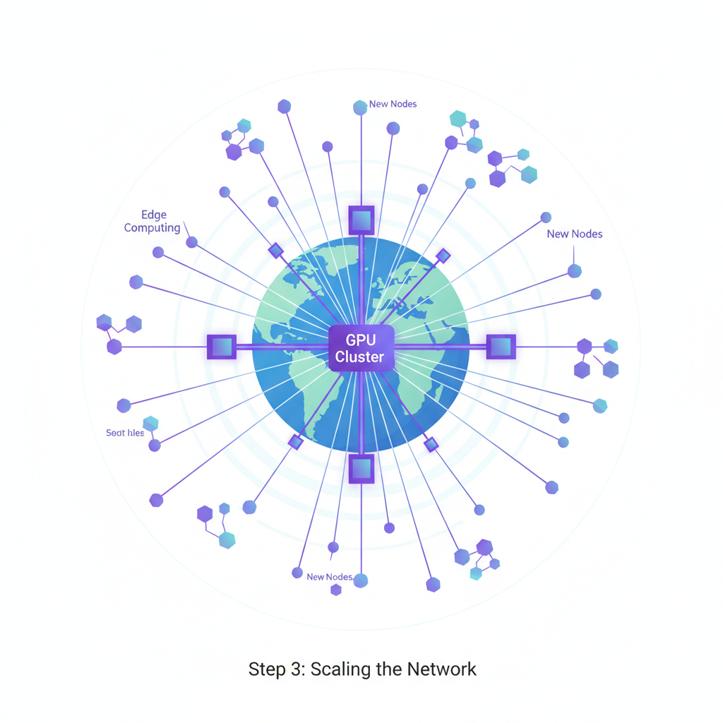 scaling GPU cluster visualization, nodes expanding network, global map overlay