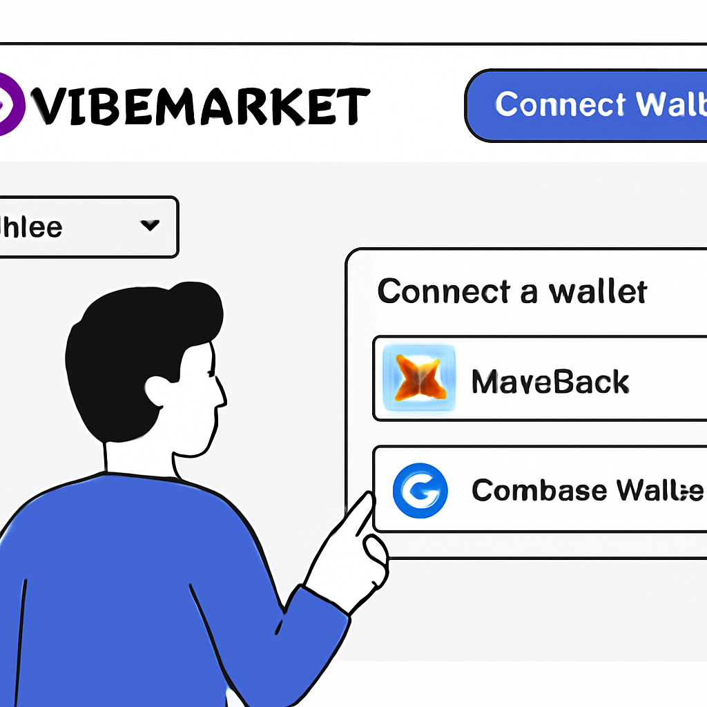 A user on the Vibemarket homepage, clicking 'Connect Wallet' with MetaMask and Coinbase Wallet icons visible, Base mainnet selected.