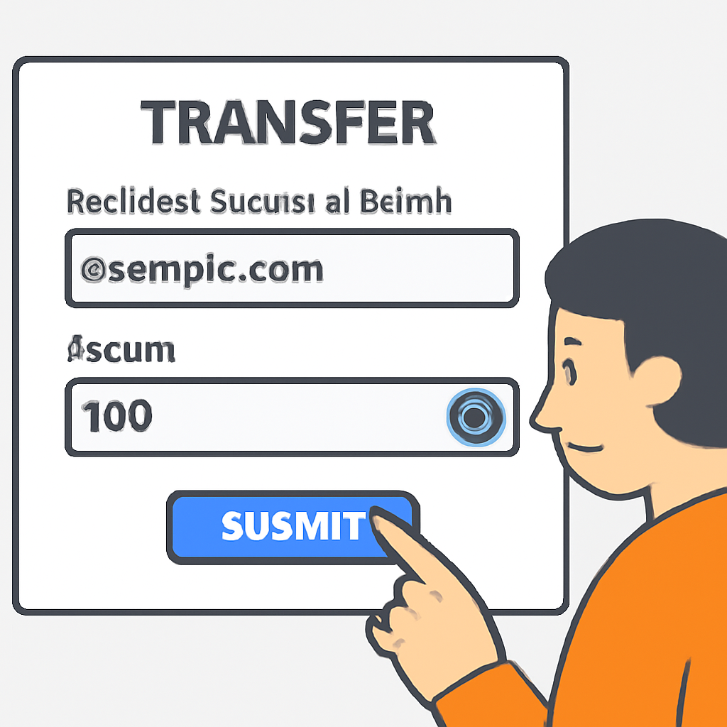 A transfer form with fields for recipient address/domain and asset amount, user typing and reviewing details.