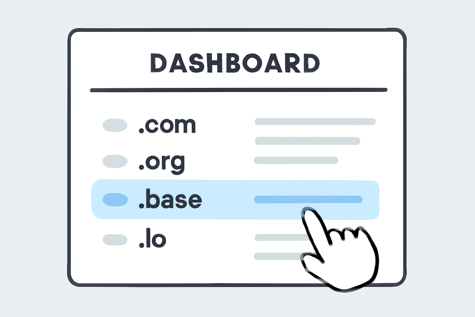 A dashboard showing a list of domains, with a highlighted .base domain entry and a user cursor pointing at it.