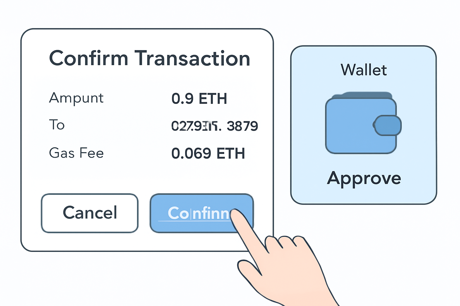 A confirmation dialog showing transaction details and a user clicking 'Confirm', with a wallet pop-up for approval.