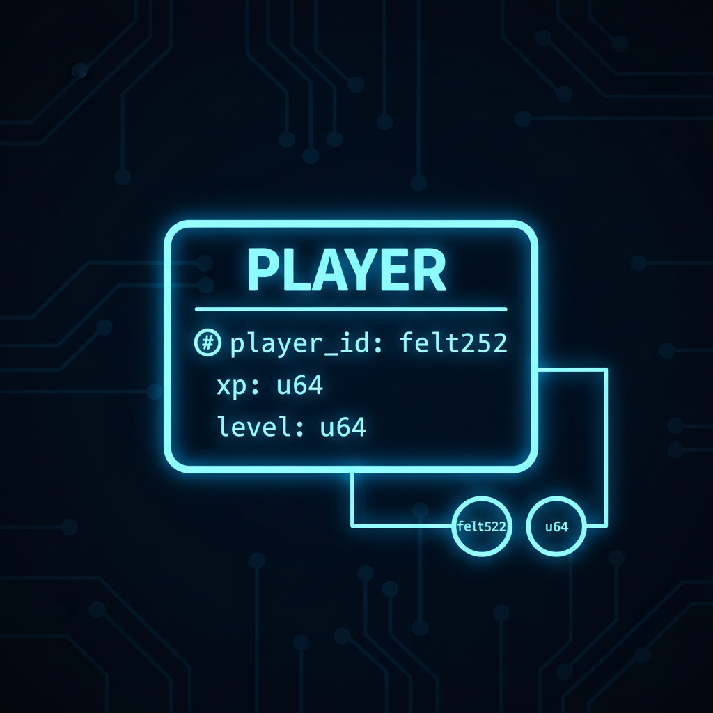 Cairo code defining Dojo Player model with XP and level fields, neon entity diagram