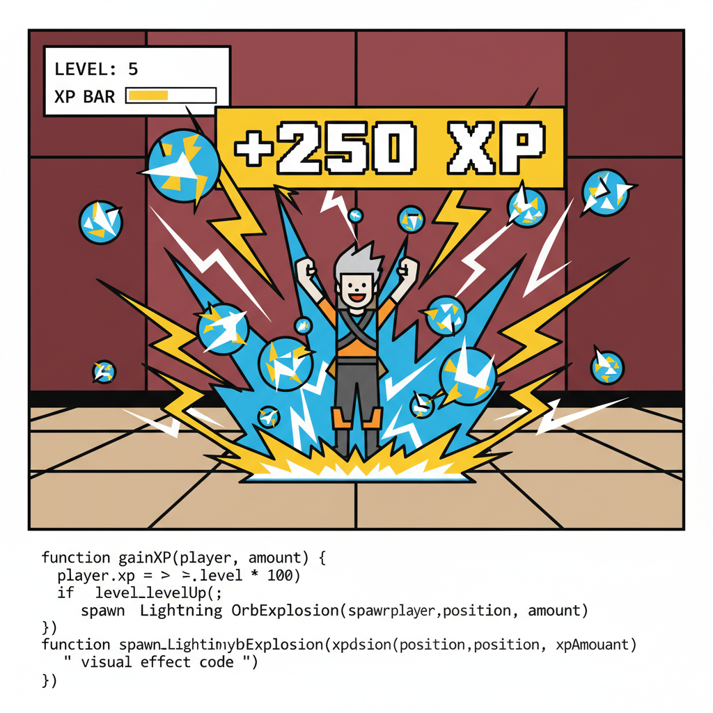 Cairo Dojo XP system code snippet with gain function, lightning XP orbs exploding