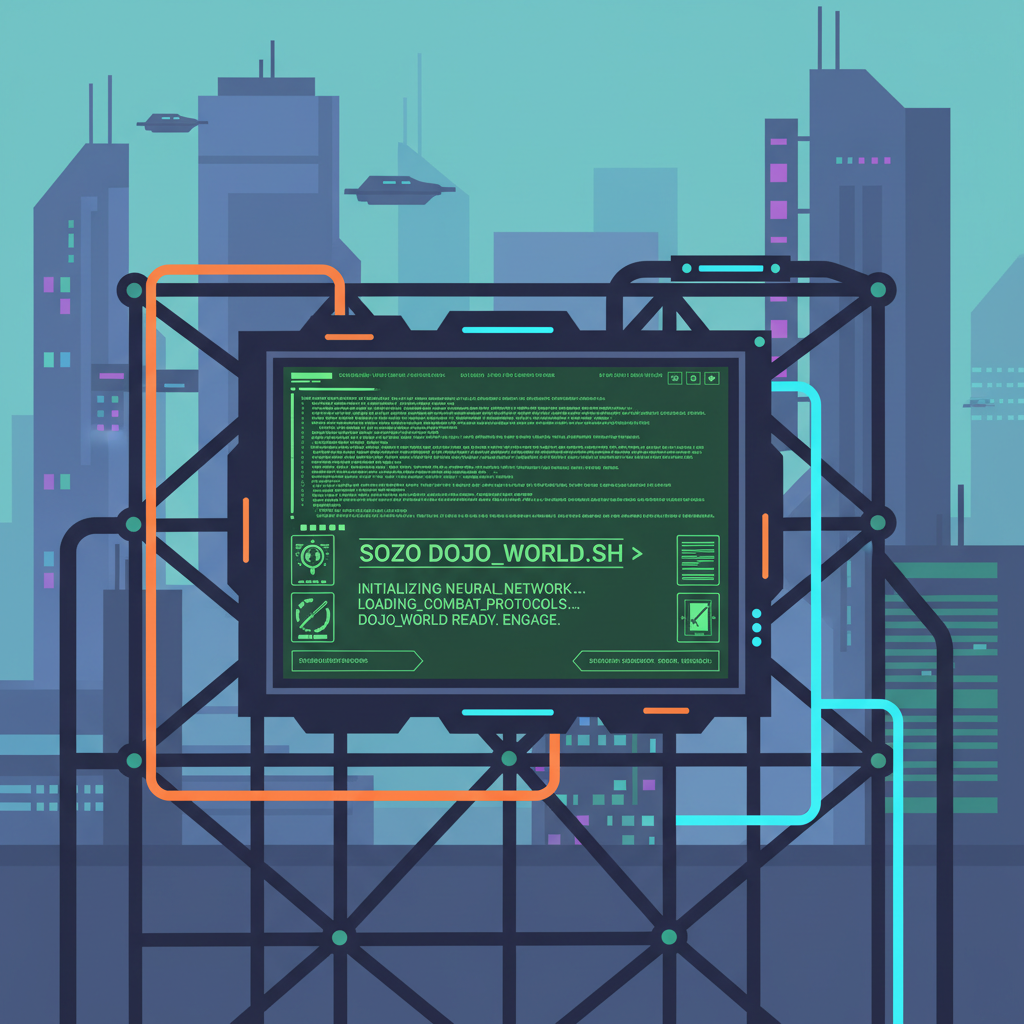 cyberpunk terminal scaffolding Dojo world with Sozo command, glowing green code, futuristic UI