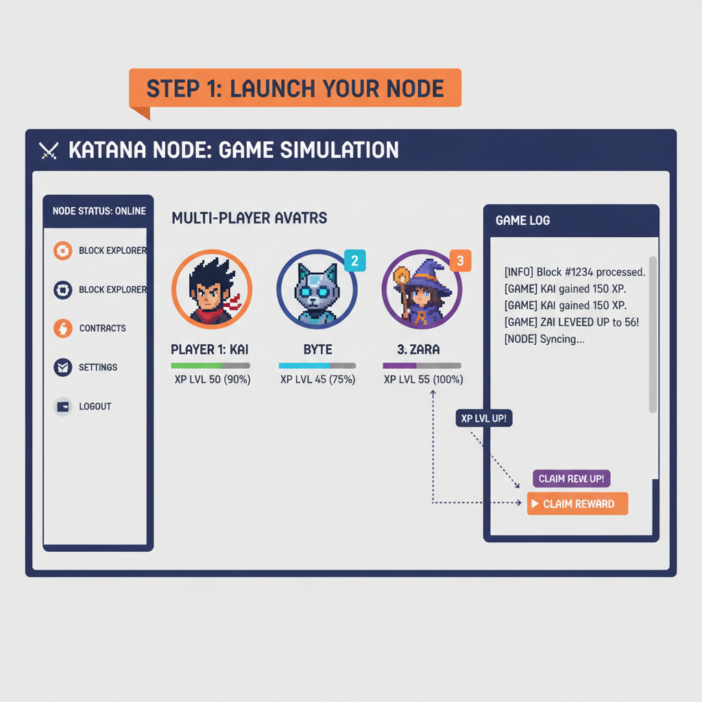 Katana local Starknet node dashboard, multi-player avatars gaining XP levels, game sim UI