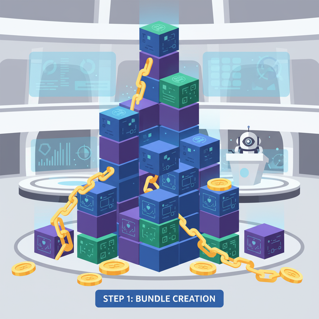 transaction bundles stacking like blocks in a futuristic auction house, golden coins and chains