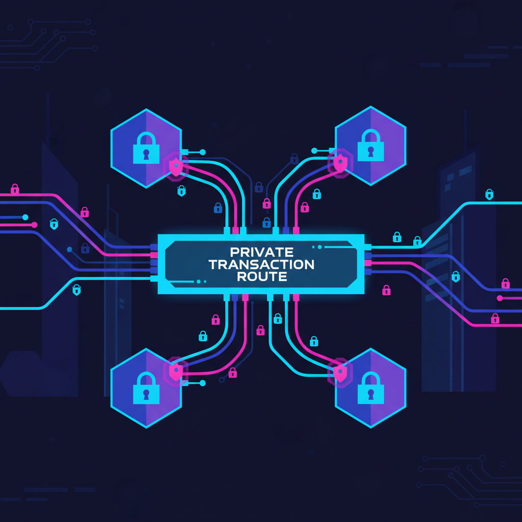 secure data tunnel routing transactions privately, blockchain nodes connected by encrypted pipes, dark cyberpunk aesthetic