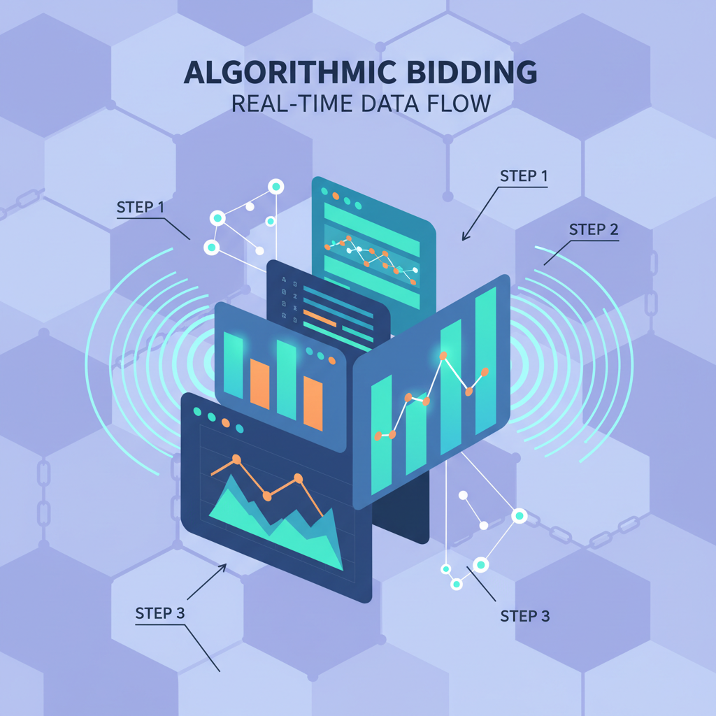 algorithmic bidding chart pulsing with real-time data, graphs and AI neural networks on blockchain background