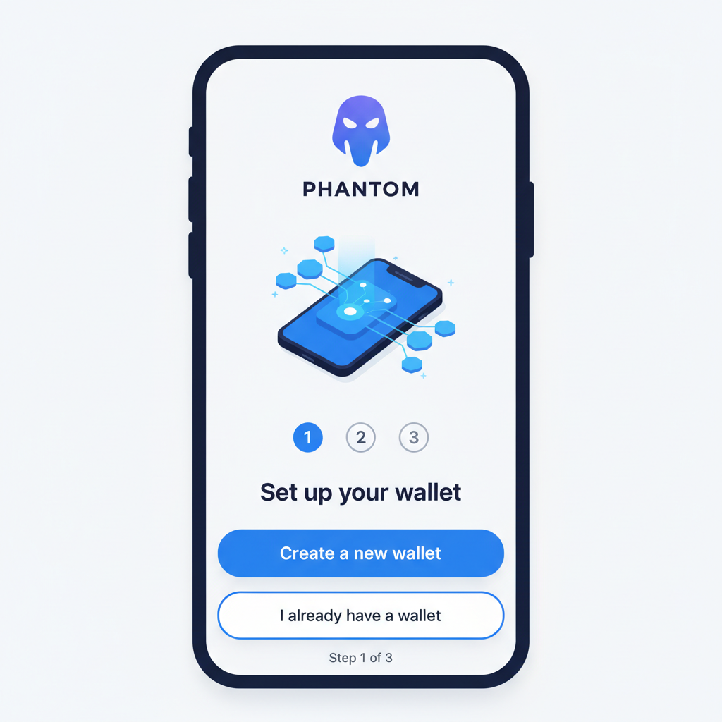 clean screenshot of Phantom Solana wallet setup on mobile, modern UI, blue tones
