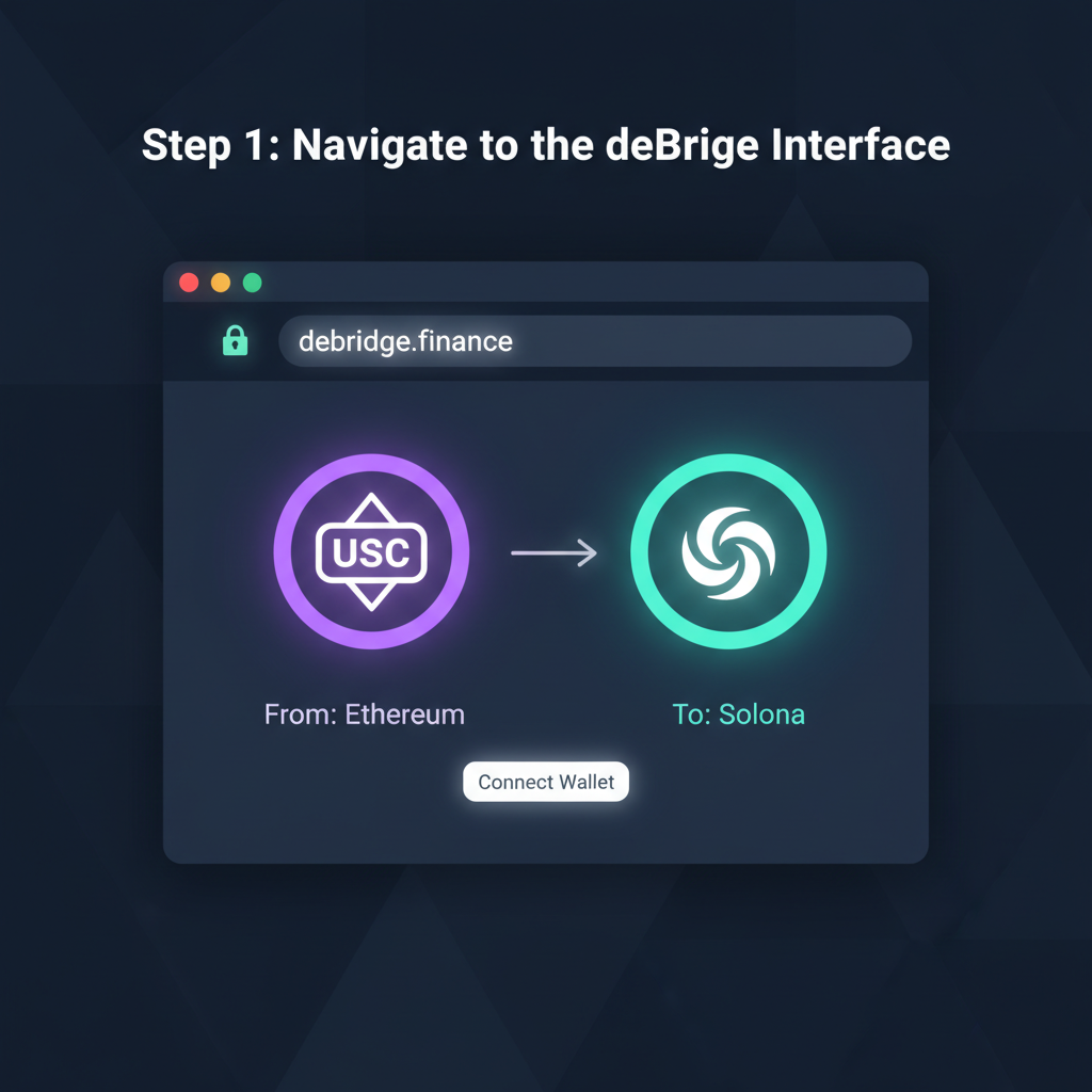 step-by-step bridging USDC to Solana on deBridge interface, glowing stablecoin icons