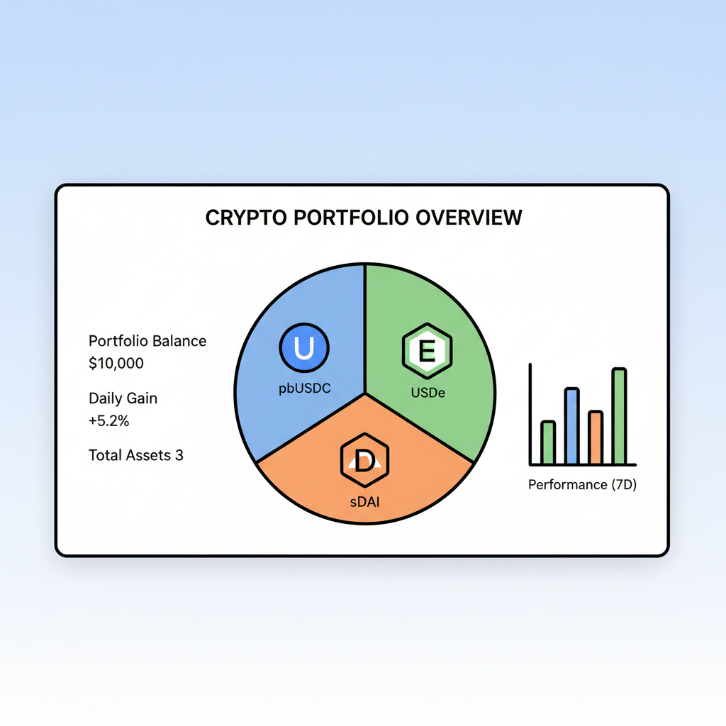 diversified crypto portfolio dashboard with pbUSDC USDe sDAI icons, balanced pie chart