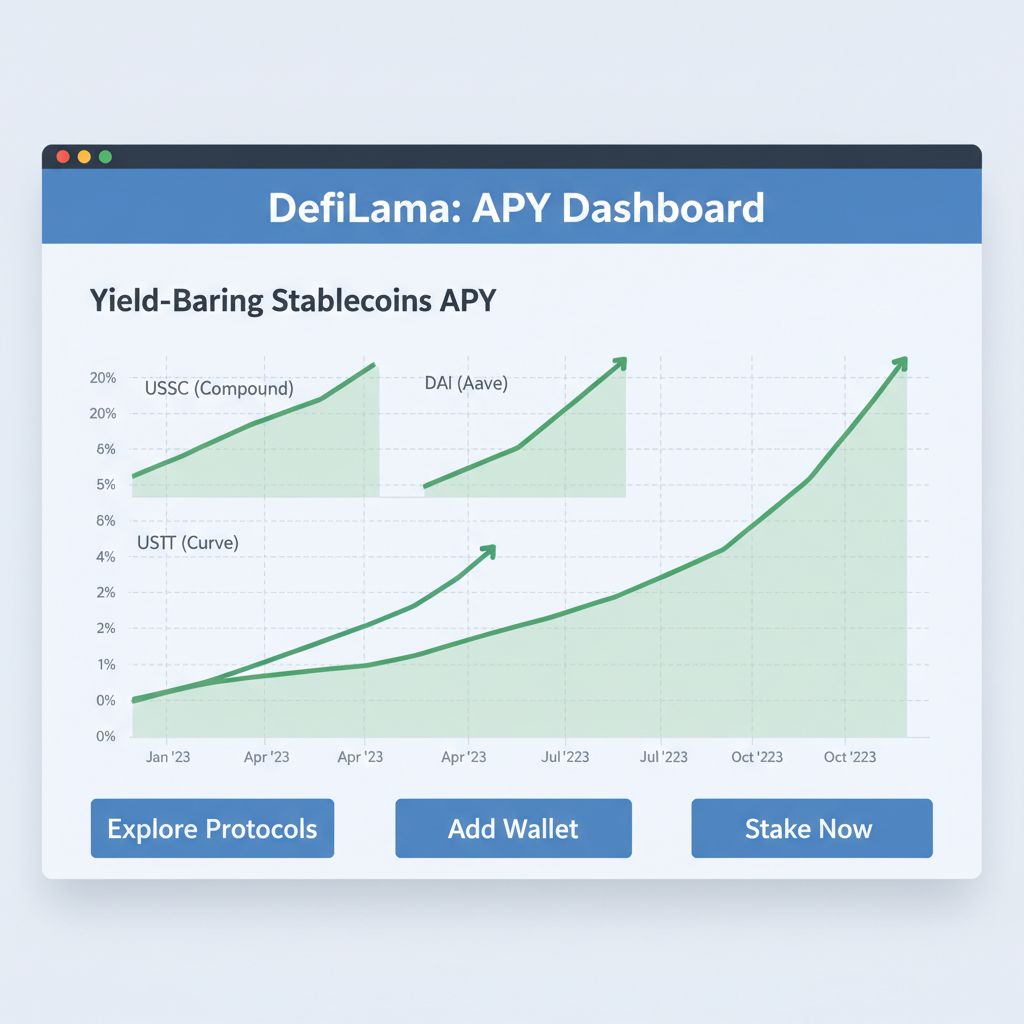 DefiLlama dashboard showing yield-bearing stablecoins APY charts, green upward trends