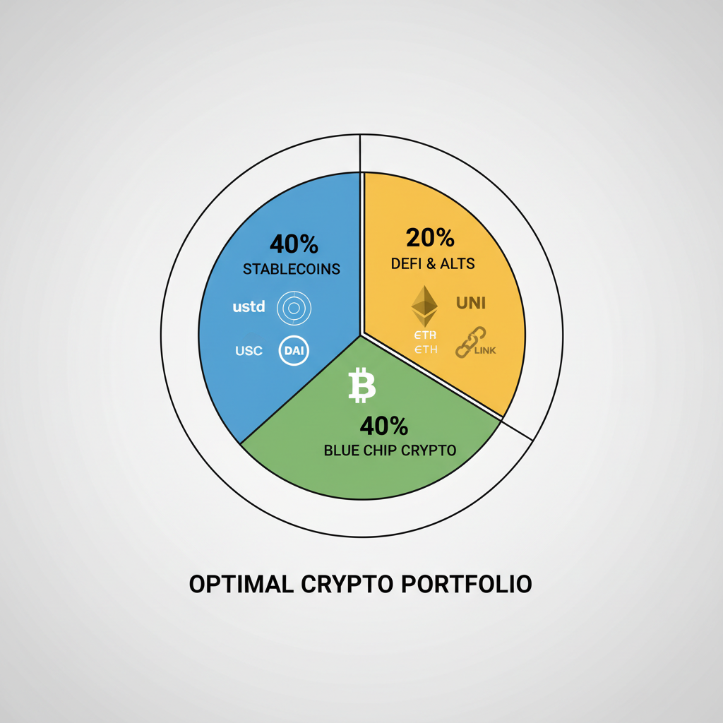 optimal portfolio allocation pie chart 40-40-20 percent, stablecoin logos, professional graph