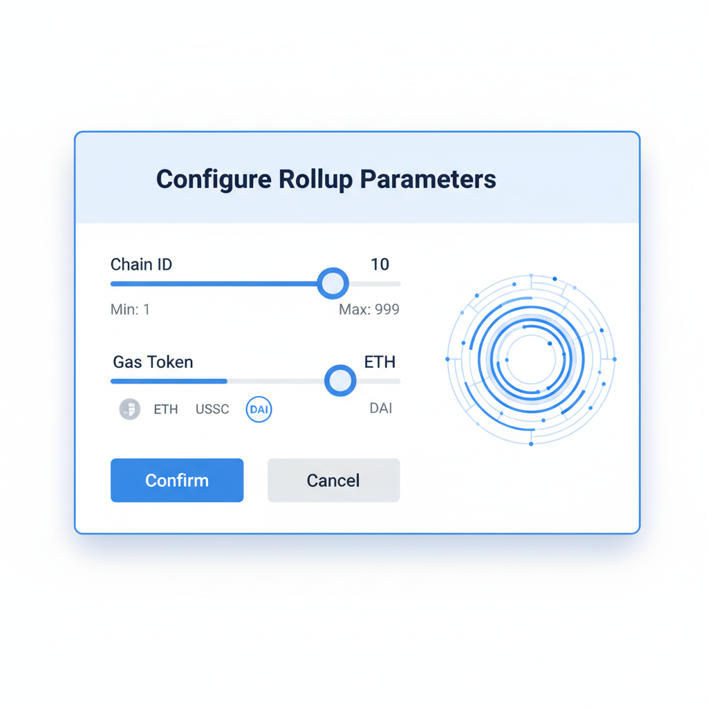 configuring rollup parameters screen, sliders for chain ID and gas token, tech visualization