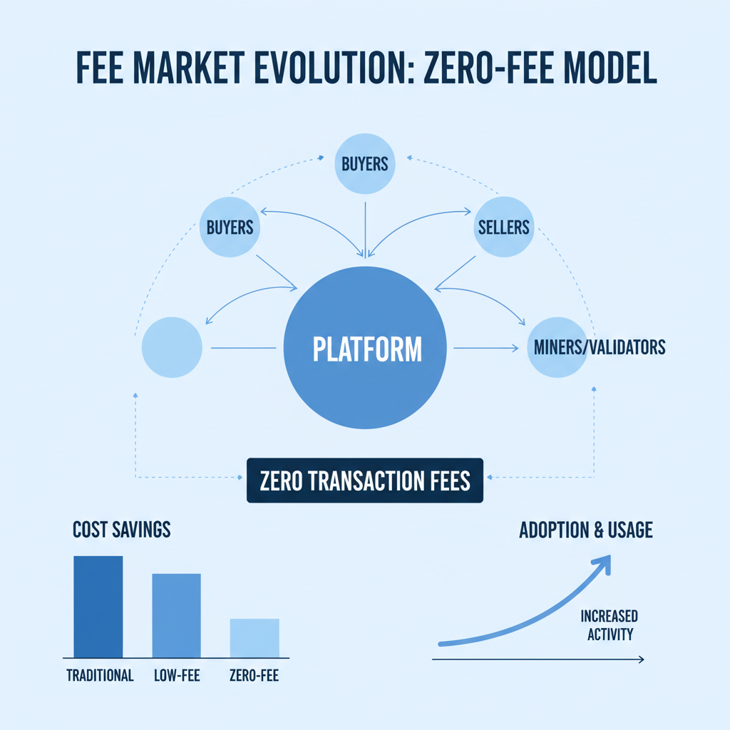 fee market setup graph showing zero-fee model, charts and nodes connected, professional blue tones