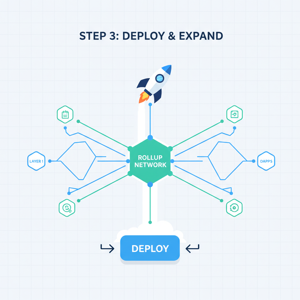 deploy button on rollup dashboard, launching rocket animation, blockchain network expanding