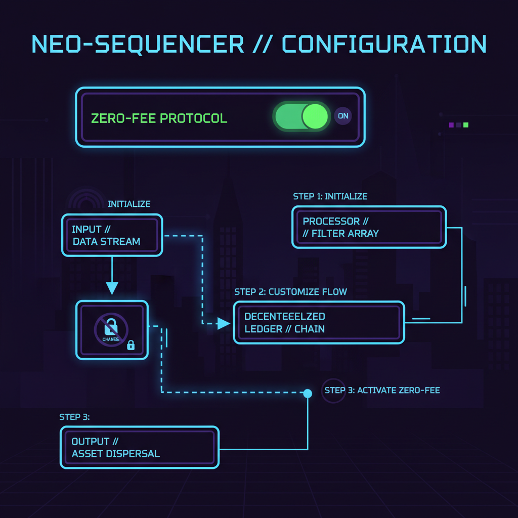 sequencer configuration interface with zero-fee toggle, data flow diagram, cyberpunk style
